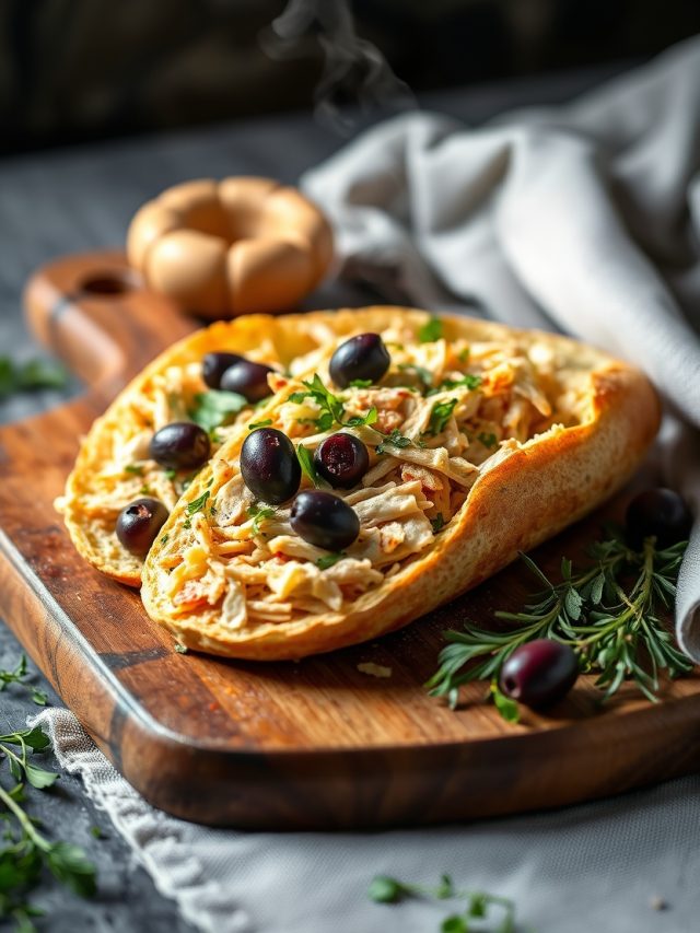 Baguete caseiro de frango desfiado e azeitonas