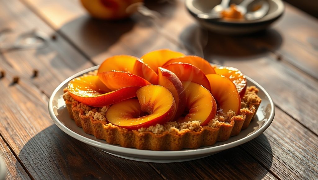 Torta de Pêssego Caramelizado com Crumble - Blog Alhocomalecrim.com