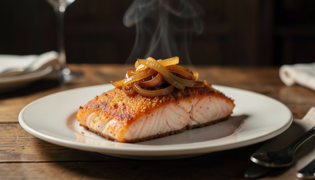 Salmão Crocante com Cebola Caramelizada - Blog Alhocomalecrim.com